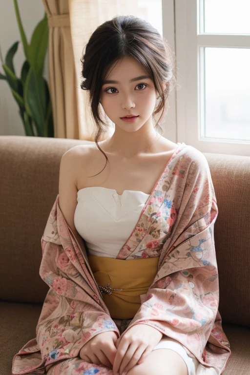 masterpiece、8K、32K、top-quality、nffsw、A cute Japanese woman、detail portrayal、1 girl in、elegent、28 year old、(Semi-undressed kimono、intricate underwear:1.1)、jpn、cowboy shot、Sit up、Smile