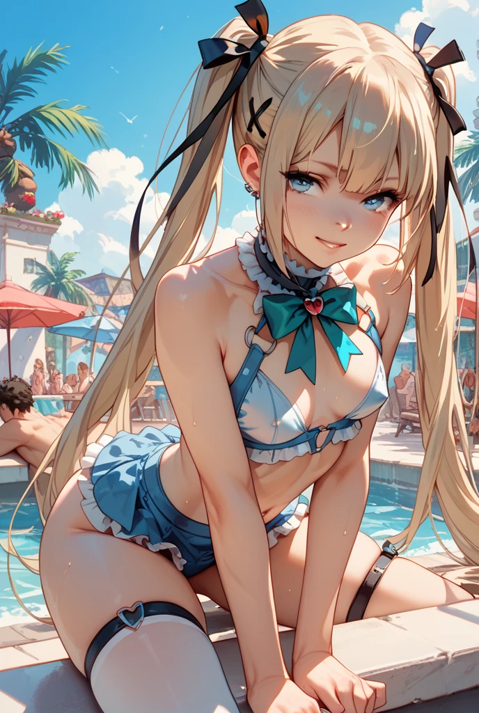 ((Best Quality)), (ultra-detailliert), ((Extremely detailed)), (Beautiful), ((Kawaii Girl)),  ((UHD)), (masterpiece), (high quality), (best quality), (4K), (high quality), 1, solo girl, 1girl, ((platinum blond hair)), parted bangs, ((hair intakes)), long hair, (hair two side up long), ((jade colored eyes)), slanted eyes, medium breasts, slender body, lite blue frilled bikni, (strings frilled) bikini,  from directly below, shoot from behind, Pool Background, (blue sky:1.3), solar, sunlight, anime