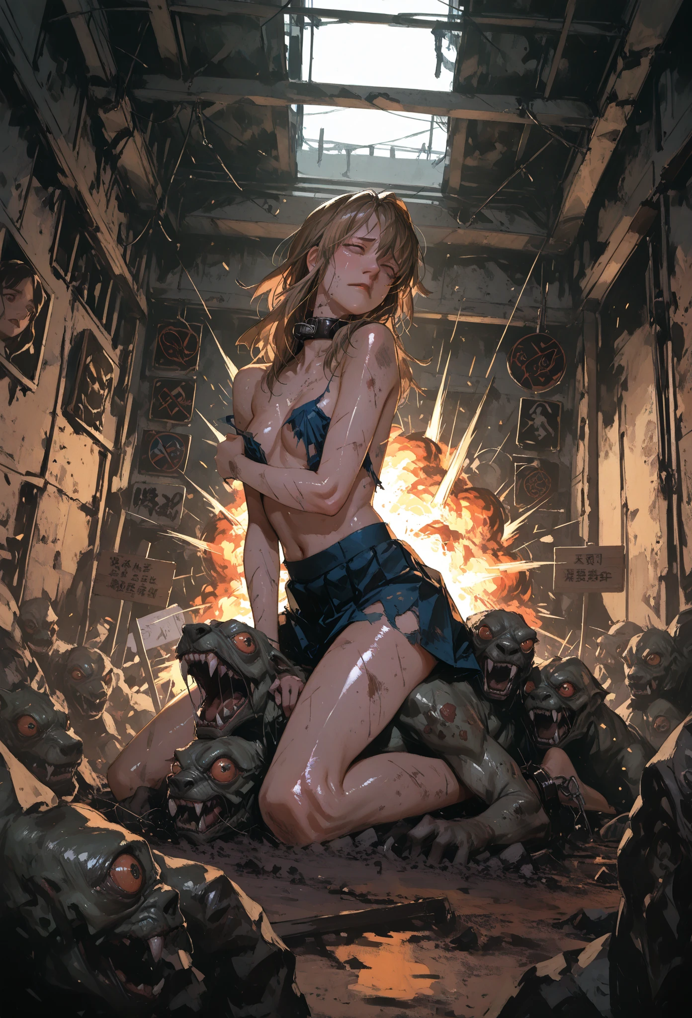 sexual girl, slutty, ugly man, multiple boys, ripping off pants, forcefulGangbang, demons ripping , horror, black hair blonde highlights, slender body, blue eyes, running mascara, torn clothes, fear expression on girls face, vicious,visceral, imaginative, brooding,unnerving