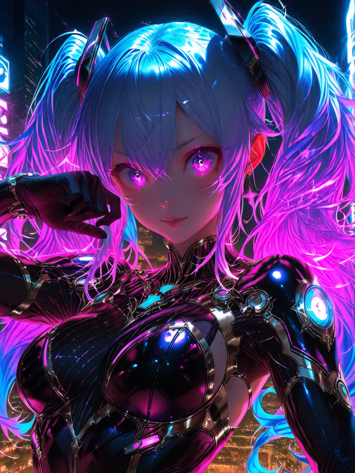 cyberpunk, latex, silver hair, short hair, silver eyes, cat ears, girl, big breasts, (best quality,4k,8k,highres,masterpiece:1.2),ultra-detailed,(realistic,photorealistic,photo-realistic:1.37),intricate details, cinematic lighting, highly detailed face, extremely detailed eyes and face, beautiful detailed eyes, beautiful detailed lips, longeyelashes, dramatic pose, dynamic action, neon lights, futuristic city, advanced technology, glowing highlights, vivid colors