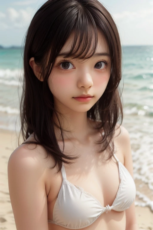 high resolution、(((1 Beautiful Girl、Japanese)))、(detailed)、 bangs、((Perfect Face))、Real Texture Skin、Natural Makeup:1.2、ピンクのマイクロビキニ、ビーチ