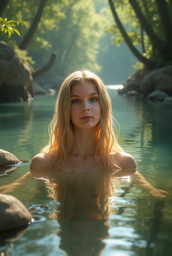 portrait of a brazilian woman, 18 years old. sunburnt ebony skin, (extreme long light afro curly hair), wavy at the height of the back, jade eyes, fluffy turned, ((big cheeks)), bathing in the natural, naked in a deep river and transparent waters, only with the head and neck out of the water, between reeds, (backlit), realistic, wearing naked_bandage brown, masterpiece, high quality, brightness, shadow, flower, [[chromatic aberration]], by Jeremy Lipking,  by Antonio J. Manzanedo, digital painting, Brazilian, 8k uhd, forest, river, wood, smoke, shadows, contrast, clear sky, style, (warm hue, warm tone)