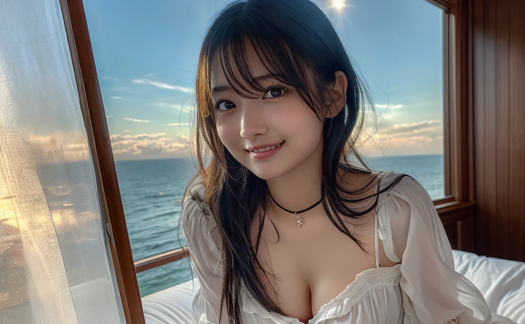 (highest quality, 32k, High resolution, Masterpiece:1.5, ), marimo_jet, Transparent air, An award-winning masterpiece with incredible detail, Beautiful Japanese Girls, An exceptionally beautiful face, Shiny brown hair, ((Beautifully groomed super long silk hair)), Asymmetrical bangs, Hair between the eyes, Beautifully trimmed, thin eyebrows, Magical big eyes, Beautiful double eyelids, Smooth and clear white skin, Pale pink detailed lips, Natural Makeup, Rich expression of emotions, Motherhood and generosity, Overflowing affection, (A gentle smiling face:1.3), Lightweight silk blouse, Black pleated skirt, sit, Absolute area, Slim figure with ample breasts, High resolutionの美しい太もも, Luxury Cruising, Beautiful, clear blue sea stretches to the horizon, Gentle sunlight, detailed blue sky, Professional Lighting, Professional Photographer, Professional models
