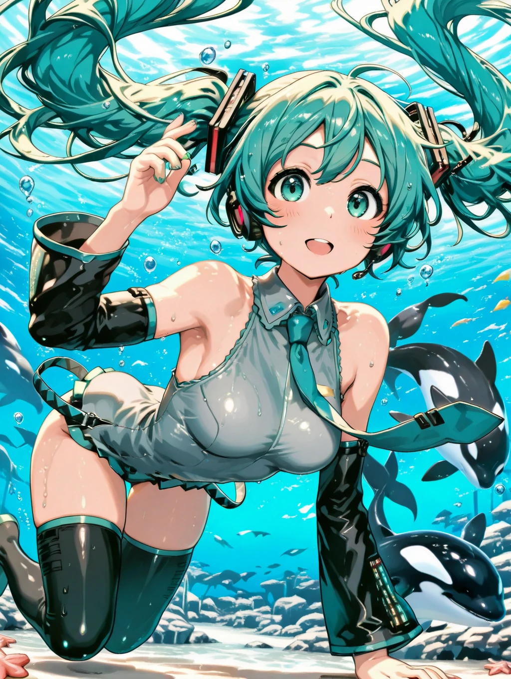 (Scuba Diving style) (enjoy Beautiful underwater), (panoramic, solo:2, 15 yo), (beautiful ponytail) (glossy beautiful green hair long hair) (beautiful cute girl), (glossy lip, happy smile, best beauty yellow eyes), (medium tits), in a Provocative Swimsuit, break, in the under sea in Okinawa, background deep undersea with Coral Farm, BREAK, perfect anatomy, masterpiece, best quality, 16k, beautiful detailed grow, daydreaming expression.