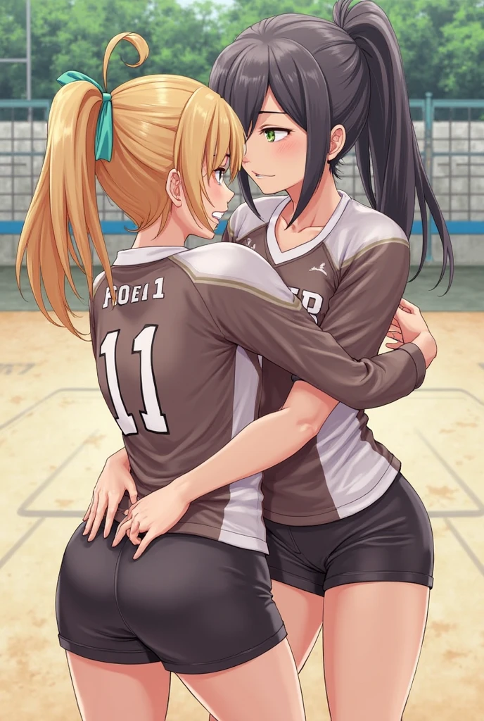 2 Asian girls, both girls farting side by side, desperate to poop, farting while playing volleyball, stomach growling, wearing volleyball outfit, chinese irl, tomboy, stomach bloated, hands hugging stomach, pained expression, shocked and embarrassed expression, mouth open in shock, blushing, beautiful and cute face, anime art style, fit body, tall and thin, view from front