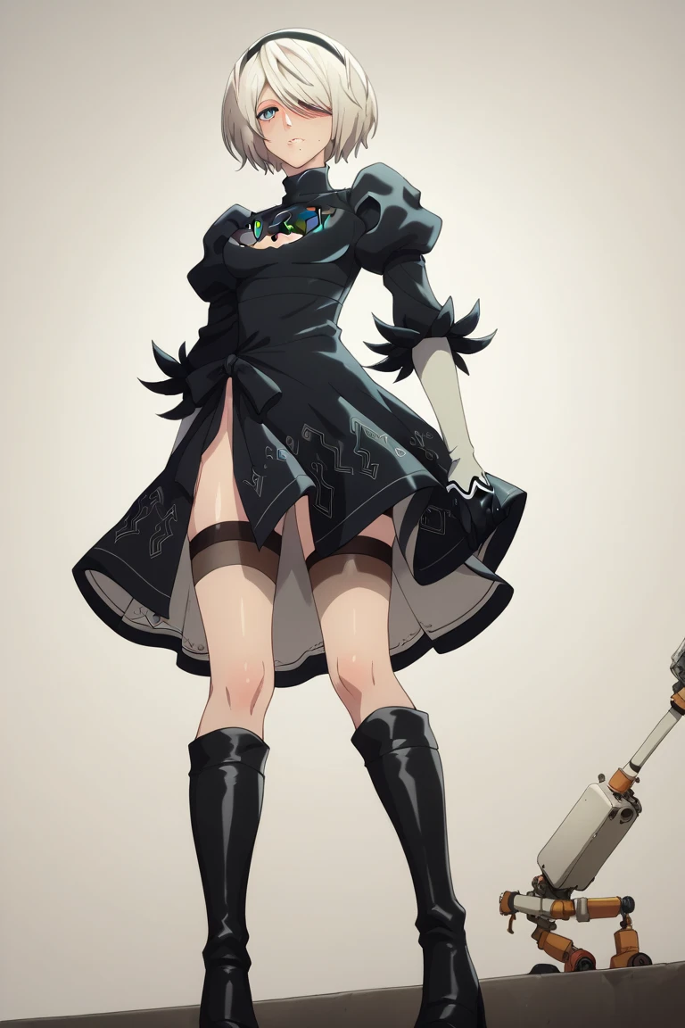 2BNAXL, blindfold, black blindfold, hairband, white hair, short hair, medium breasts, clothing cutout, cleavege cutout, black dress, puffy sleeves, feather-trimmed sleeves, black gloves, leotard, skirt, black thighhighs, thigh boots, black high heels, solo, standing, looking at viewer, indoors