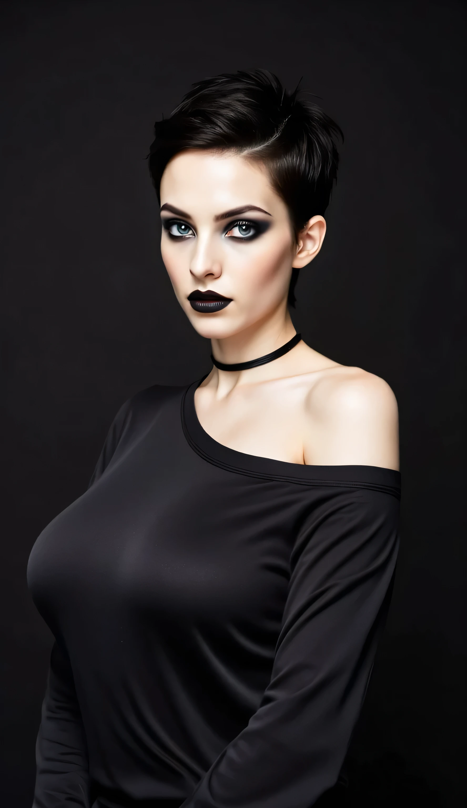 ((realism, photorealistic, life-like photograph)), beautiful French 18year supermodel, short undercut spiky black hair with darkindigo highlights, blackout eyeshadow, black lips, blue eyes, black silk sweater, ((((portrait, closeup face, she has pale skin, her albino skin is flawless)))), delicate black leather collar, she's standing in a dynamic full-body modeling pose, slight side view, nothing in the background but a black screen at her modeling shoot