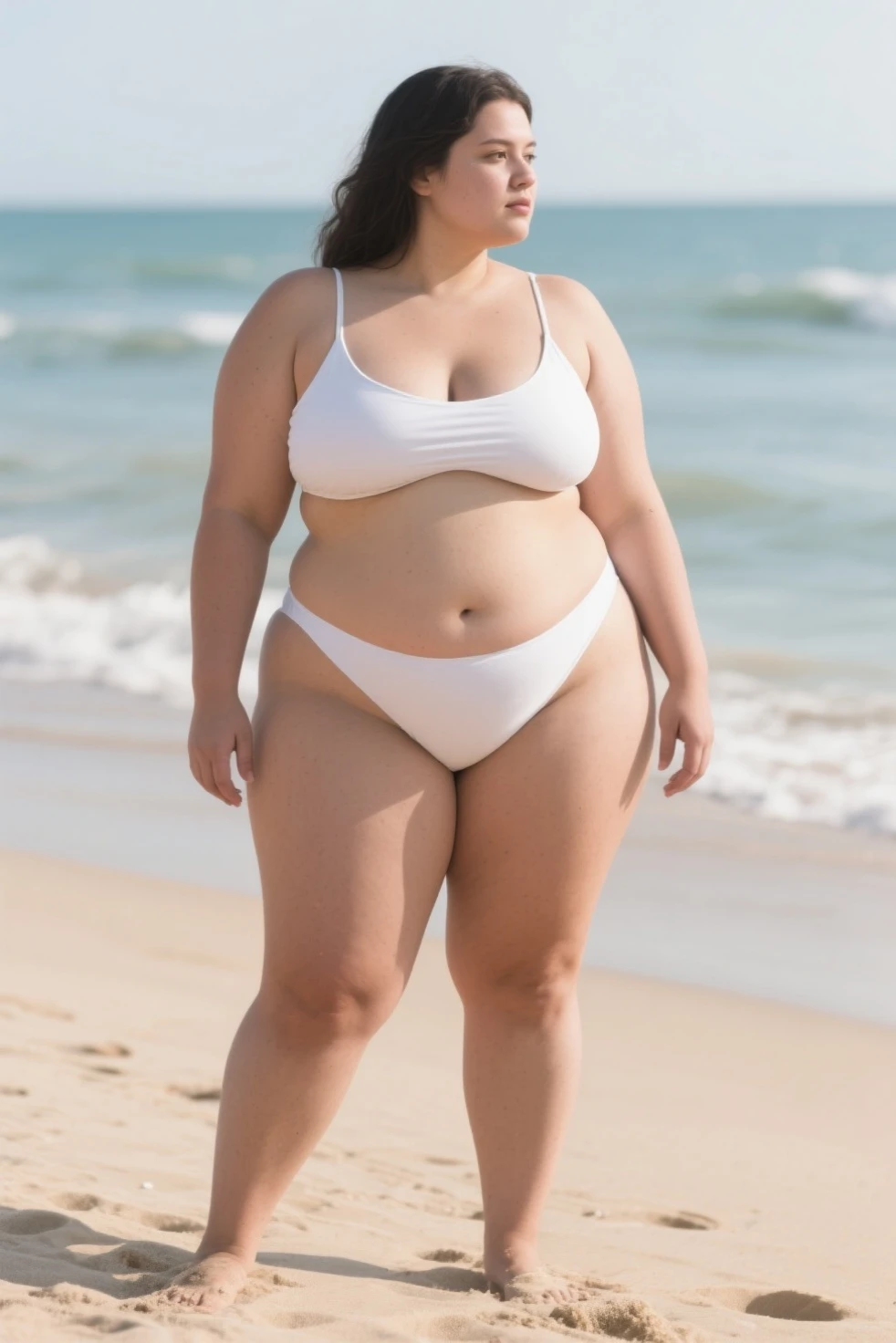 Beautiful white woman in tight bikini wandering at the beach. (tight bikini) (big round belly) (abdominal fat) (plump) (sweaty) (cleavage) (beautiful white woman) (black ponytail hair) (large_breasts)