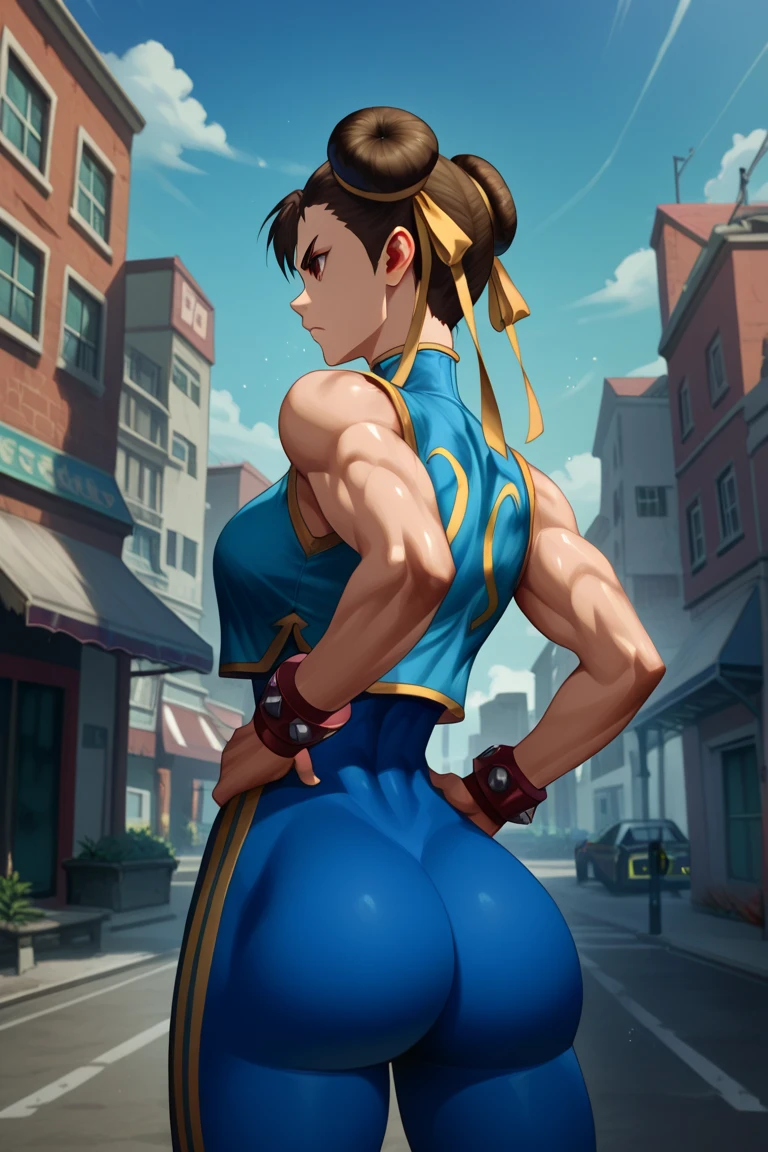 Street fighter chun li smiling, showing ass, half naked.(((half naked))) city background, full body, white boots.
