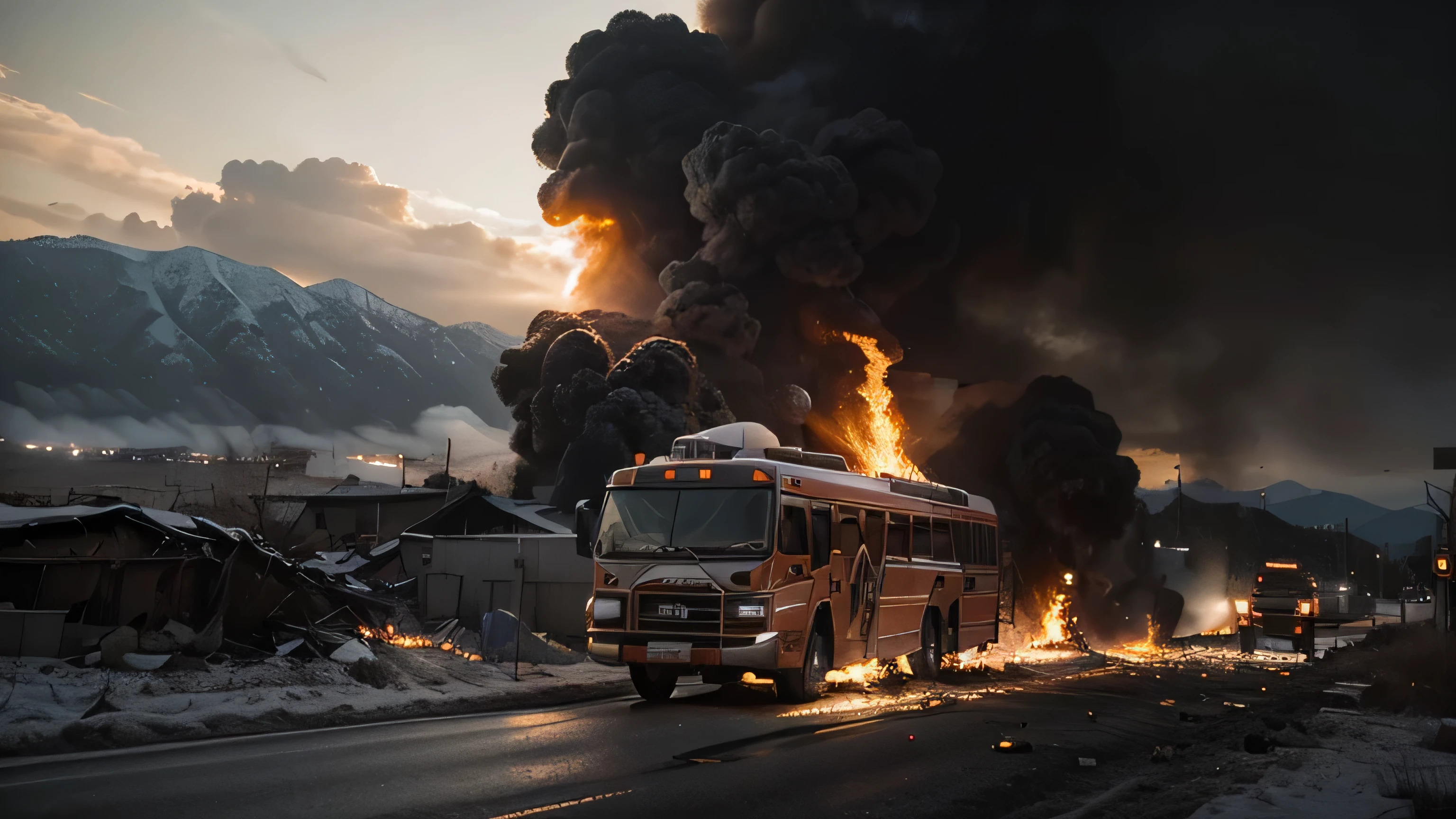 Expressway, An overturned tourist bus, It's on fire