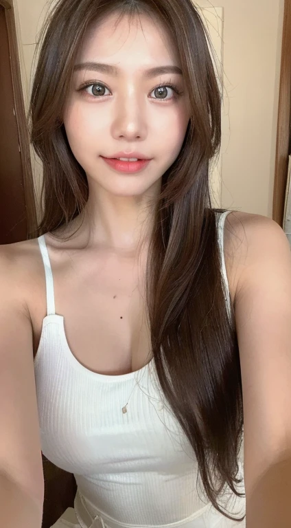 ((highest quality, 8K, masterpiece :1.3)), 1 girl, A beautiful woman who emphasizes her slender abdominal muscles: 1.3, (long hair, big breasts: 1.2), oversized tank top: 1.2, super delicate face, delicate eyes, double eyelid, smile, Home, random color clothes