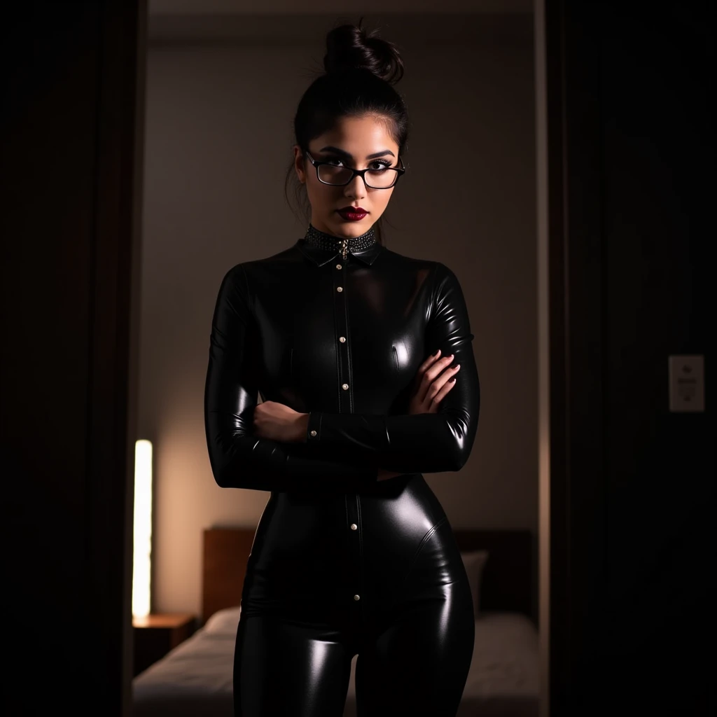 The best picture,The most realistic,4K clarity,zendaya,red lips, glasses, leather nun outfit,bedroom 