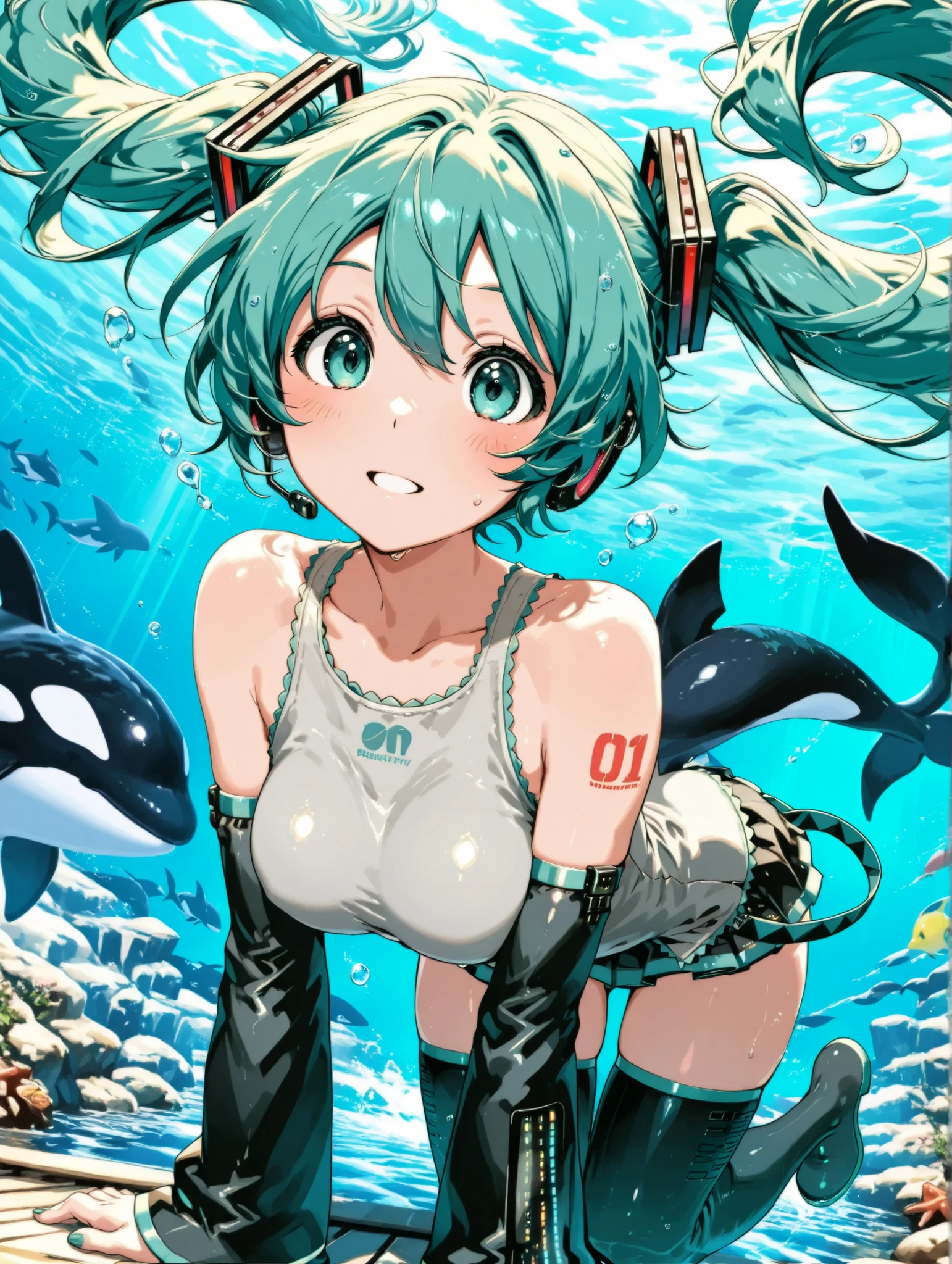 ( masterpiece、 Highest Quality、 Highest Quality、official art、 beautiful beautiful :1.2) Hatsune Miku、Light Green Twin Tails, beautiful breasts, Hatsune Miku,beautiful breasts,divingスーツ,diving, added,Instructor,Orca Training