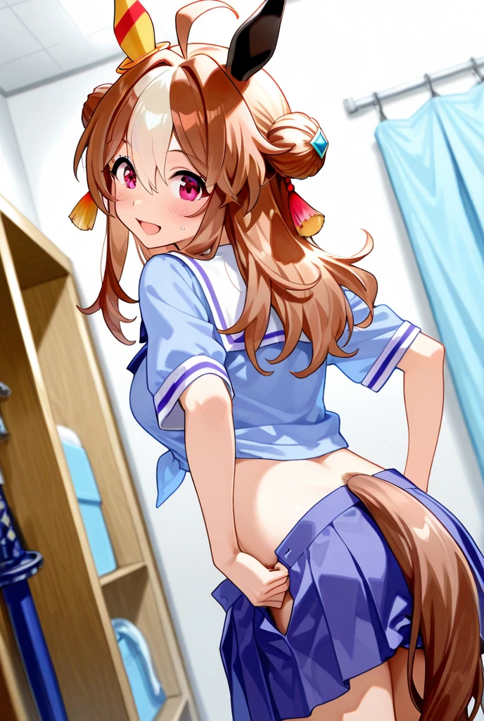 Tokai Teio \(umamusume\), ((Highly detailed eyes)), masterpiece, Highest quality, ((abnormal body, Small breasts)), (Horse tail) ,smile, blush, (indoor, office, living room), whole body, frontage, Long ponytail, (panties), (bra), (In underwear), ,((nsfw)) From behind
