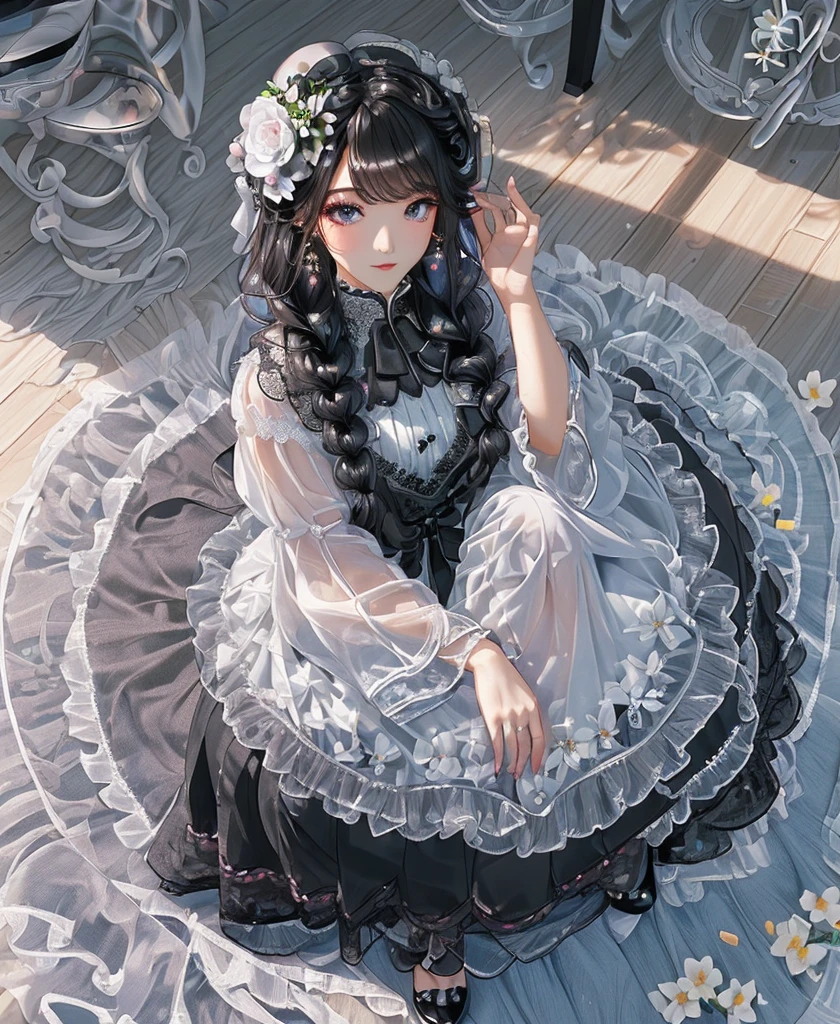best quality, delicate face,beautiful visual work,lifelike,1 girl, eternal, black hair, Long curly hair, blunt bangs, Smile, pink skirt, pink lolita dress, layered skirt, Lolita style long skirt,分層連衣裙 lace-trimmed 裙子, decorate, lace, long sleeve, puff sleeves, wide sleeves, Transparent sleeves, hair accessories, 在flower园里, flower, Detailed background, delicate face,pink blush,White knee-length socks, Pink shoes,cold,Lots of lace,((Masterpiece))、(top quality)、8K、high detail、super detailed,21 years old female,穿着pink lolita dress((dreamy atmosphere:1.1))、Seductive and whimsical style、Masterpiece、born、Scenes resembling fairy tale illustrations、Intricate details showcase the ruffles and intricate designs of the Lolita dress、beautifully、magic、capricious、 beautifully、Dream aesthetics、「𝓡𝓸𝓶𝓪𝓷𝓽𝓲𝓬、ethereal、charming、fickle、magic」、realism、Visual effects、FXAA、SSAO、shader、voiceless、environmental lighting、Tone mapping、High resolution、ultra high definition、megapixel、(8K resolution:1.10)、8K、Below 8K、8K resolution、high detail、intricate details, (high quality:1.2、Masterpiece:1.2、:1.21)、(21 years old female:1.21)、(興奮地Smile)、(Surrounded by the dreamy atmosphere、High heel、Model diagram,full-body shot,Knee-high 白色的 lace socks,Sweet Lolita,Normal 2 feet,Pink shoes,Baotou shoes,silver crown tiara,Don't show your fingers,lolita cake dress,Thousand layer skirt,Every layer has lace,The skirt has a hem,cold,huge breasts,hands on hips,Wide cuffs cover hands,