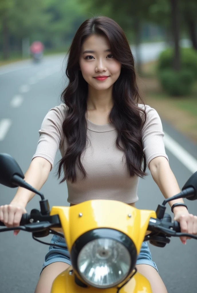 A thin girl with a big nose , brown hair, holding beauty products , on a yellow motorcycle.