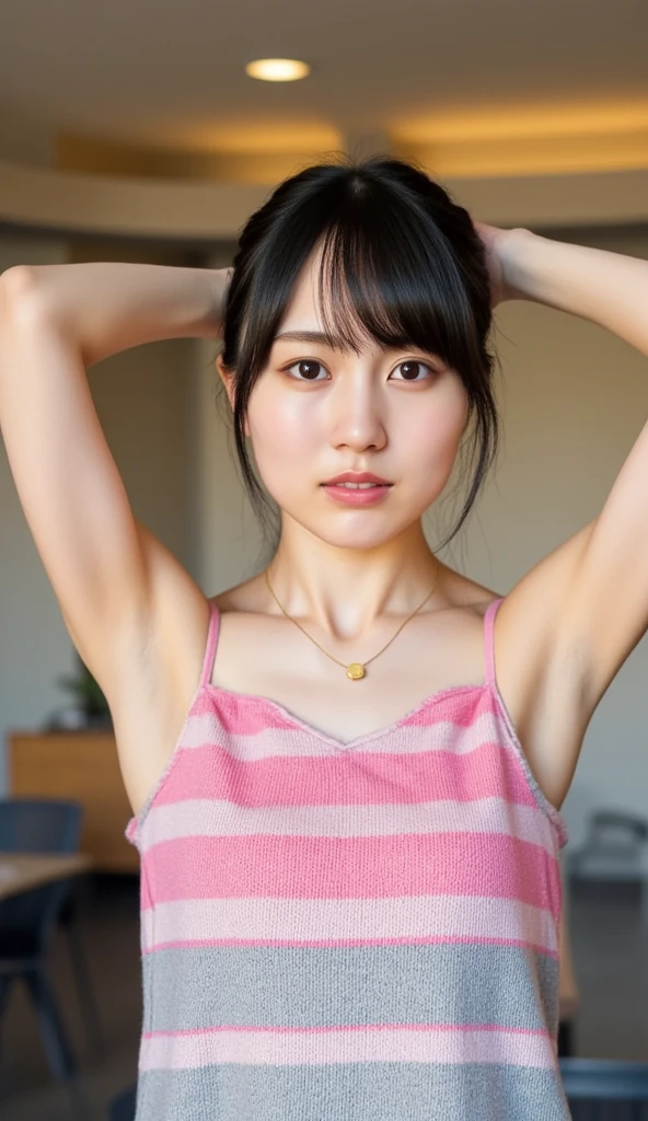 A Japanese woman with black, short bobbed hair, a muscular build, short stature, a baby face, droopy eyes, thin lips, and bare upper body, raising both hands above her head,nude,straddle,an open judo gi