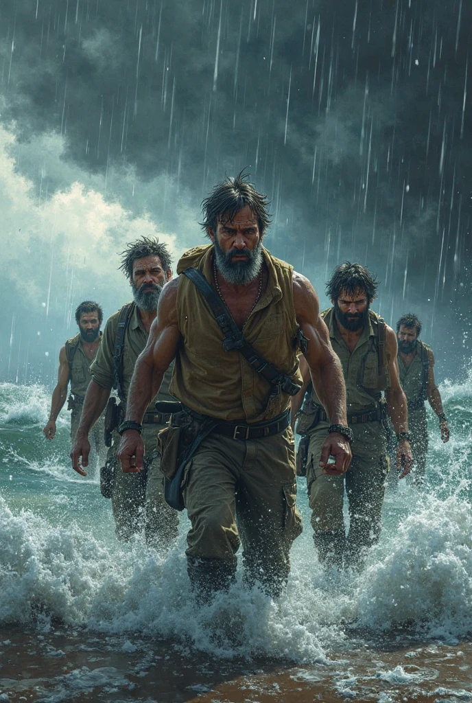 "Create a dramatic image of people enduring a severe storm. Depict a group of individuals struggling against a powerful, chaotic storm with heavy rain, strong winds, and turbulent skies. Show the people in various states of distress, trying to shield themselves or seek shelter amidst the storm’s fury. Their clothing should be soaked and tattered, and their expressions should convey hardship and determination. The background should feature dark, stormy clouds and turbulent weather elements, with intense, swirling winds and rain adding to the sense of struggle. Use stark contrasts and dynamic lighting to highlight the ferocity of the storm and the resilience of the individuals facing it."








