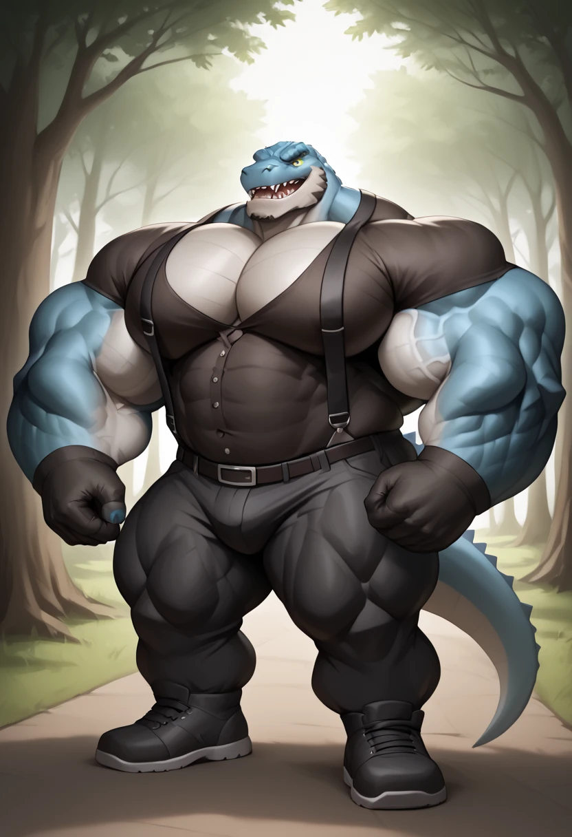 solo, anthro, furry male, T-Rex, ((Detailed muscles)), (T-Rex print), black scales, white belly, spiny scales, standing up, men's bodybuilding pose, front double biceps pose, bodyguard outfit, black claws, red eyes, slit eyes, slim fit, muscular slim, cracking knuckles, bedroom, menacing, handsome, flirting, detailed eyes, pecs, tail, hind leg, (Masterpiece, by null-ghost, hi-res, 8k), tight black shirt, black camo pants, oil stain, black military outfit, front point of view,