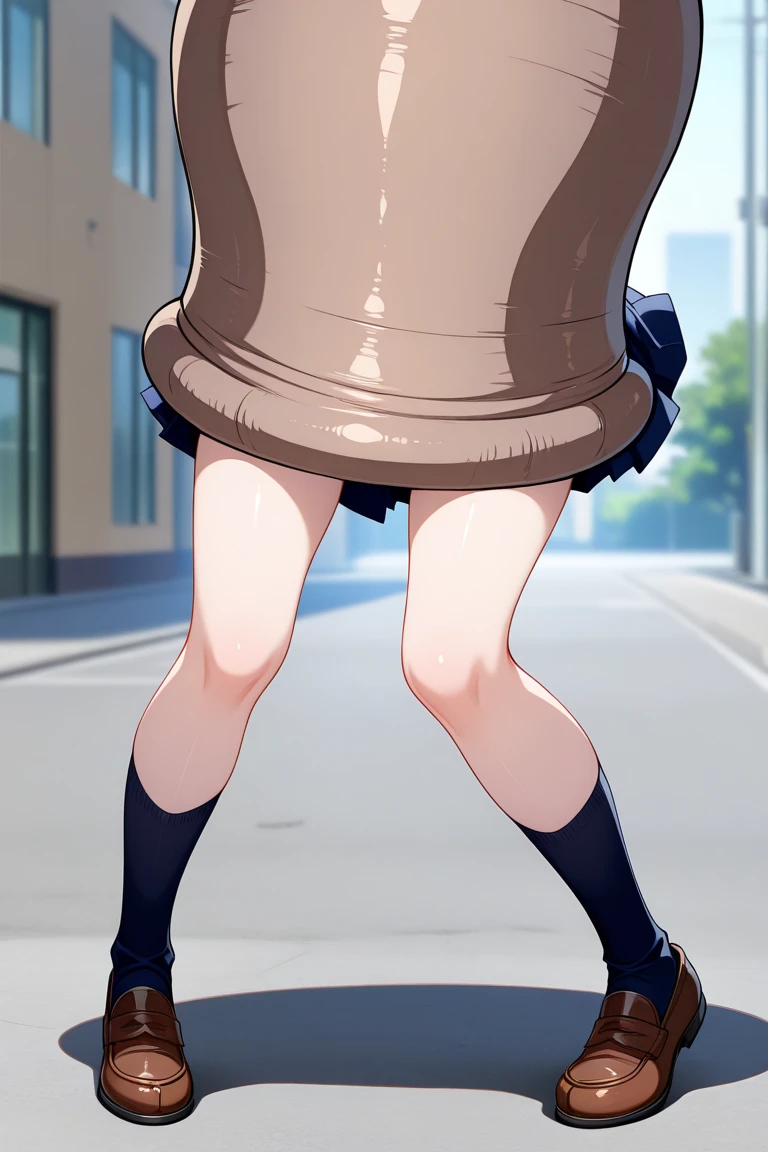 1girl, natural lighting, masterpiece, highly detailed, realistic, 8k resolution, high quality, aichan, city, pleated miniskirt, (lace panties:0.8), narrow waist, (cell vore), (tail vore:1.3), struggling, ass view