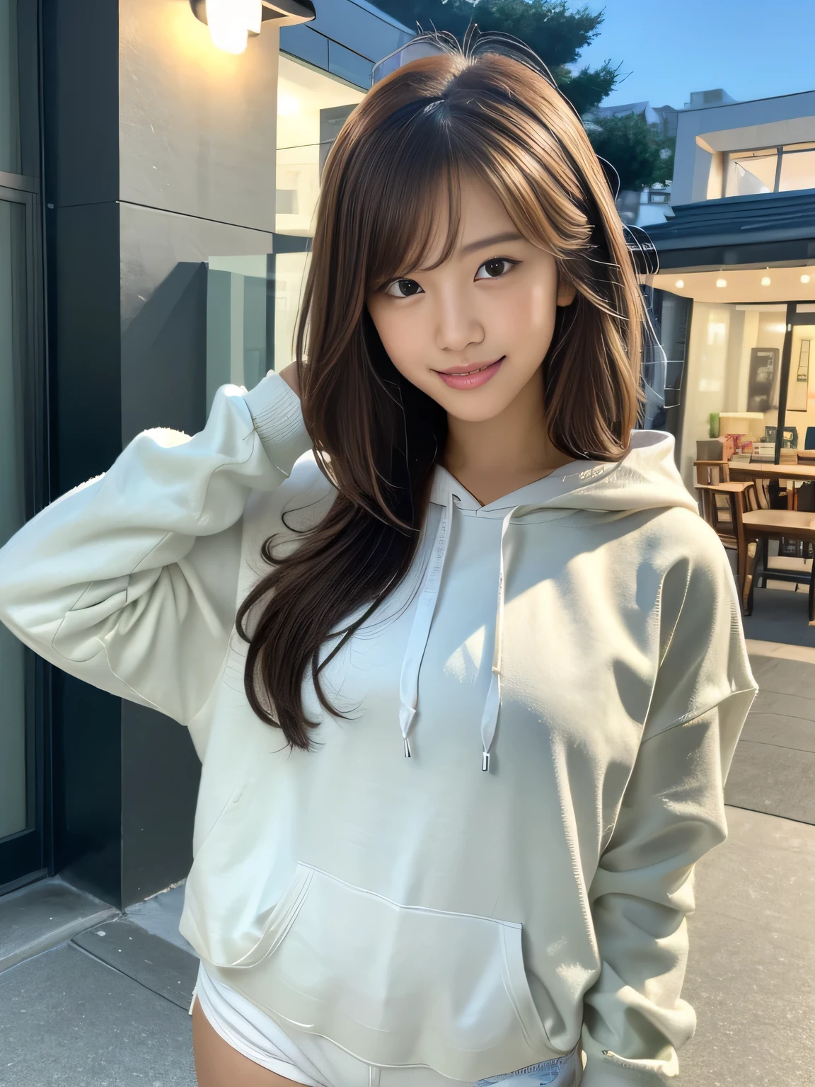 masterpiece, highest quality, High resolution,alone,Brown,artistic,Best lighting,Casual clothing,Flat Chest,Beautiful Face,expensive,smile,light makeup,Age 26,Calm woman,Detailed Hair,Laughing woman,Face Focus,Messy Hair,Very white skin,Thin eyebrows,outside,Woman sitting on floor with legs crossed,indoor,Woman wearing a hoodie