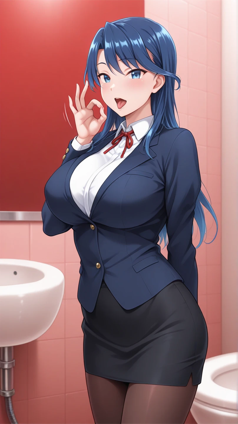 32k, ((Masterpiece, Best Quality)), edgQuality, edgBIC, black bra under the white shirt, 1 girl, Alone, wide, medium breasts, erect nipples, long blue hair, with long ponytail, with red ribbon in her hair, purple eyes, looking at the viewer, blush, SMILE, Open mouth, wearing formal gray miniskirt, with black stockings, black heels, gray jacket, white transparent shirt, tits, in a office, day, collar shirt, Transparent, using edgBIC, with a pen in hand.