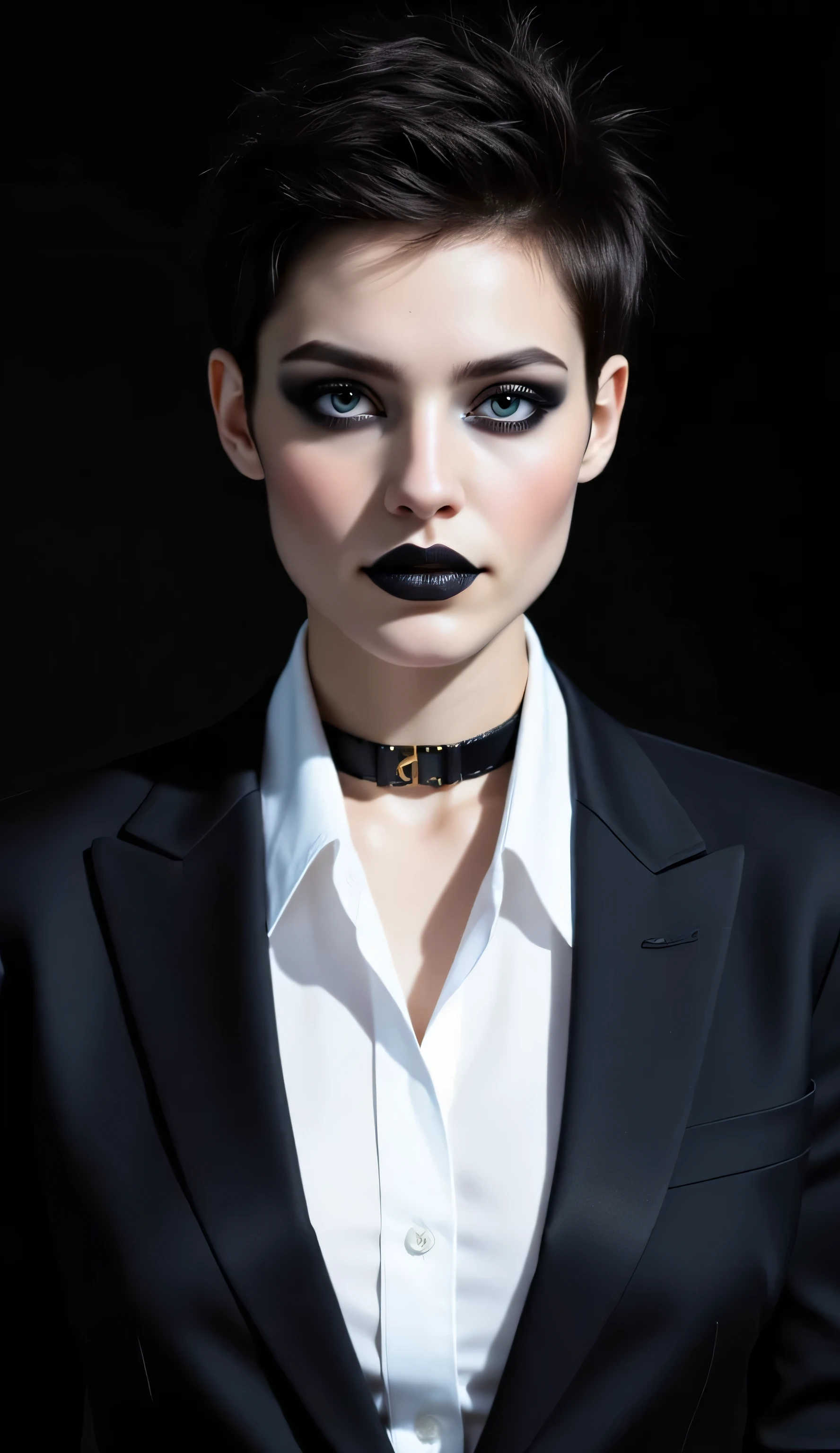 ((realism, photorealistic, life-like photograph)), beautiful French 18year supermodel, short undercut spiky black hair with darkindigo highlights, blackout eyeshadow, black lips, blue eyes, white silk shirt under a black suit jacket, ((((portrait, closeup face, she has pale skin, her albino skin is flawless)))), delicate black leather collar, she's standing in a dynamic full-body modeling pose, slight side view, nothing in the background but a black screen at her modeling shoot