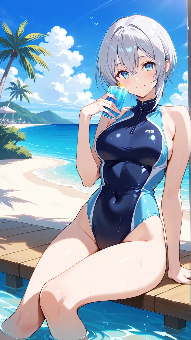 1girl in, fox ear,  light blue short hair,bangs pinned back,Ahoge,Colored inner hair, Yellow eyes,Cute, blush, medium breasts⁩, Pool, School swimwear, Sweat, PM