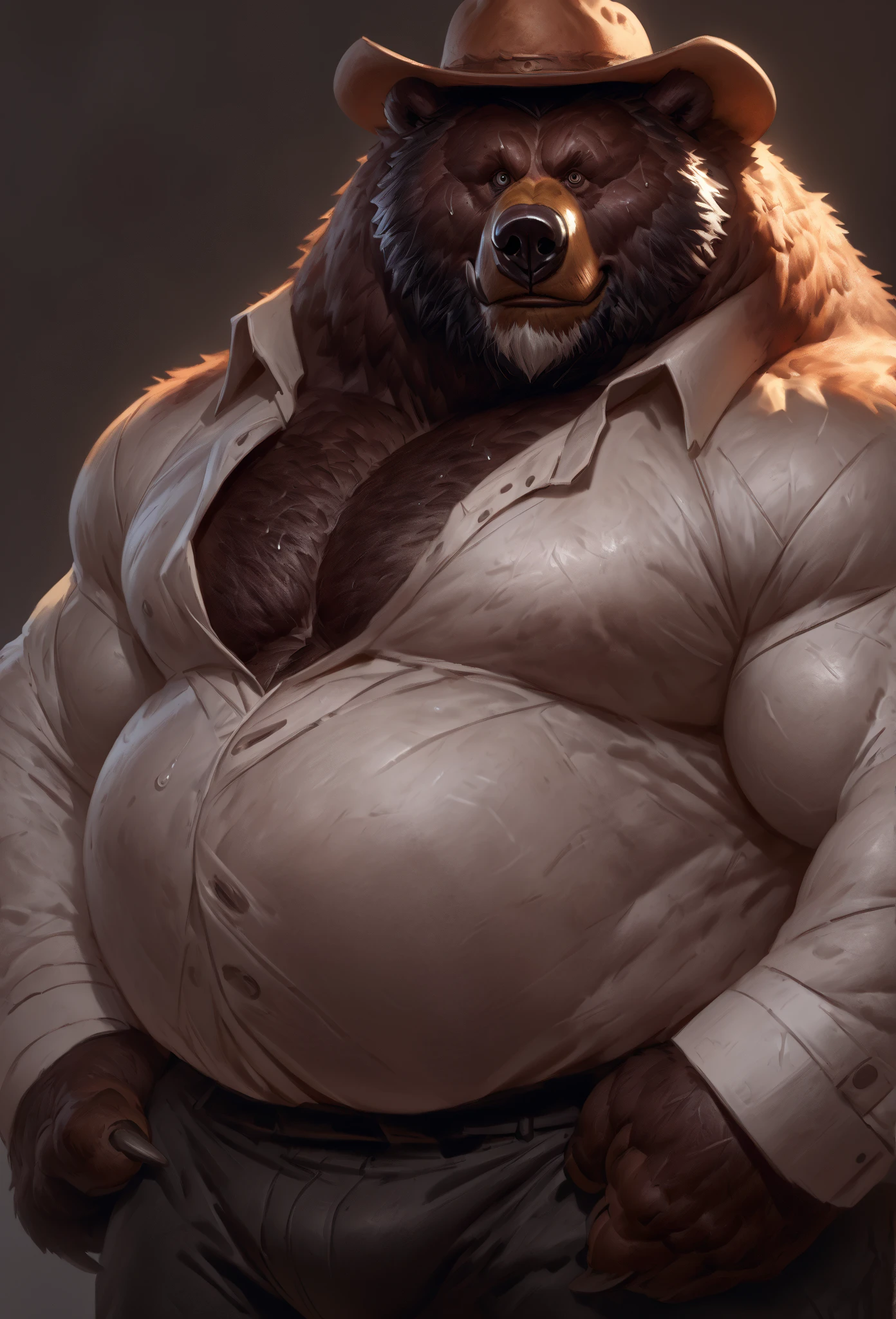 1boy, 1man, solo, (furry bear), , (topless, shirtless, shorts), well-muscled old man, bearded, ancient forest. ((chubby, fat belly, huge belly, massive belly, extremely huge muscular, massive muscular, extremely muscle size, super thick arms, huge pec, hyper pec, bigger chest, extremely wide pectoral , huge arms)), wide smiling. Add textures and details to make the image more realistic, such as the appearance of the. Make sure the resulting image is high resolution, 8K quality