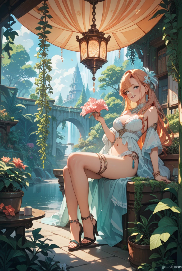 ((best quality)), ((masterpiece)), (detailed), realistic eyes, blonde, gold skimpy lingerie, greek landscape, alluring succubus, ethereal beauty, perched on a pink blossom tree, (fantasy illustration:1.3), enchanting gaze, captivating pose, solo girl, delicate butterfly wings, otherworldly charm, mystical sky, (Luis Royo:1.2), (Yoshitaka Amano:1.1), moonlit night, soft colors, (detailed cloudscape:1.3), (high-resolution:1.2) (dragon flying in the sky) dress, legs dangling above pond, greek goddess, realistic, realism, sexy body, glowing torches,