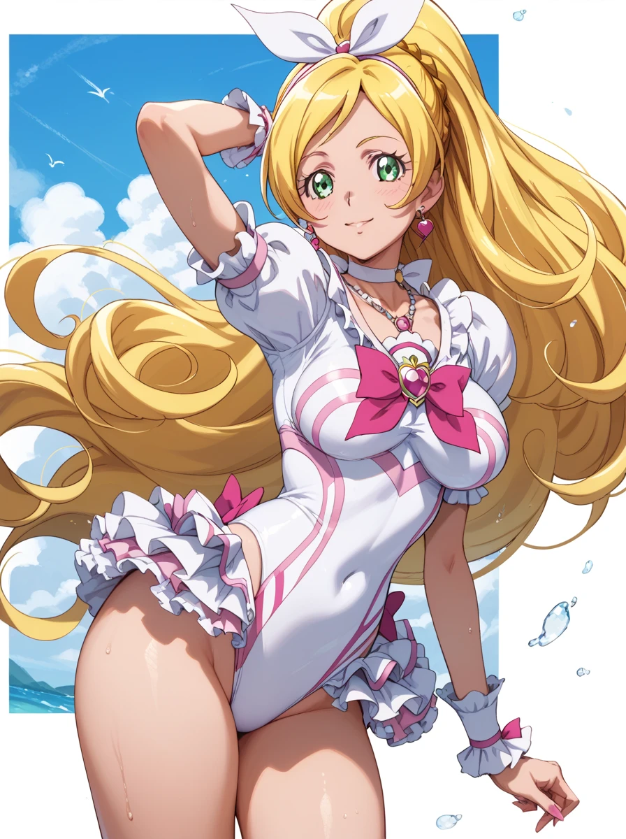 swimwear feminine face seducing, elbow gloves, (white bikini), white socks, (yellow hair)