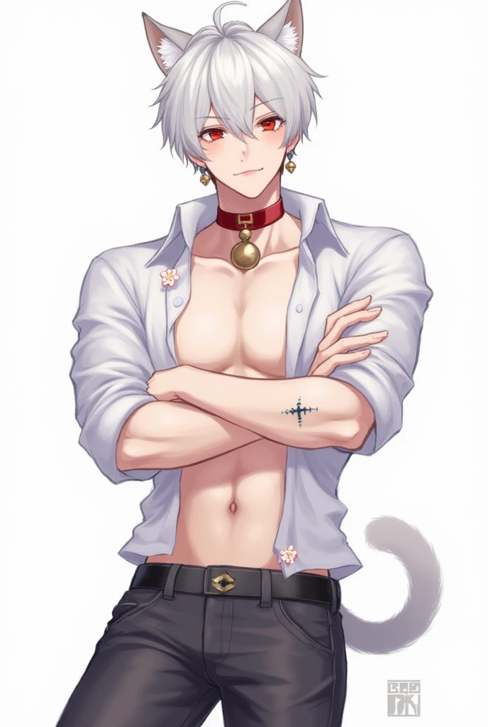 Anime guy have penis in the pants , nsfw, cum, sixpack,anime guy with a cat ears and a collar on his chest, tall anime guy with blue eyes, handsome japanese demon boy, skinny male fantasy alchemist, handsome anime pose, male anime character, hajime yatate, anime handsome man, smooth anime cg art, smooth blue skin, shirtless :: high detail, young anime man, keqing from genshin impact, anime boy