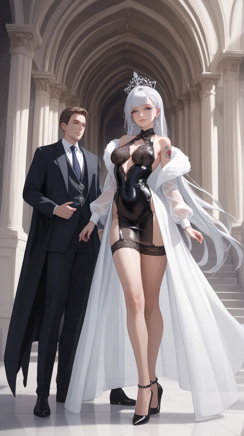 Female robot with white hair, black stockings, full body, single ponytail, high heels, mechanical body, traveled to the world of cultivating immortals and became a god with super combat power