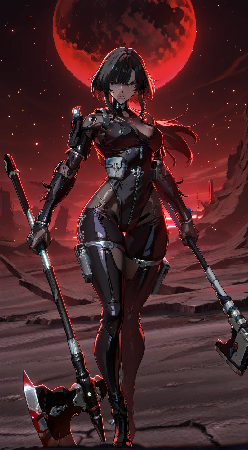 (One Woman),(Best image quality, 32K, masterpiece:1.3),((Black hair bob cut:1.1)),(Swept-apart bangs,Braiding), (Cute eyes, Dark Eyes), (Detailed eyes),(Mole under right eye), (Standard weight), (Glowing Skin:1.1),(Pale skin:1.2),(A fantastic atmosphere),(look up),Ultra-high resolution, Textured skin, Sparkle Effect, adult,Belly button,
Dark Knight,Black Armor,Black Helm,Black Sollerette,Black Gauntlet,Black bodysuit,
Death Scythe,
Red-black sky,Black Earth,Standing posture,