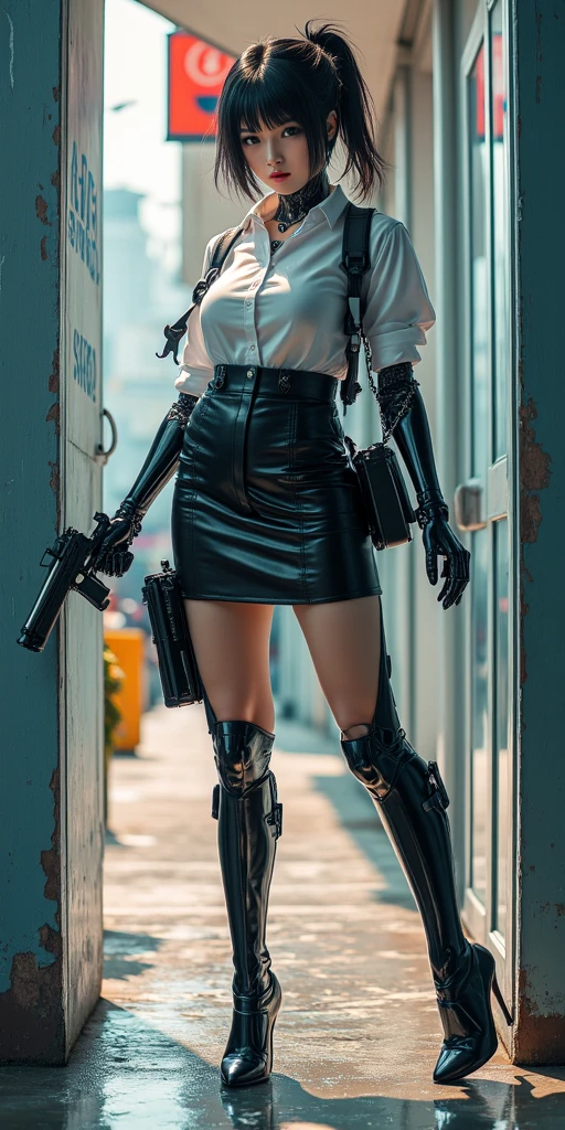 (Best quality, Ultra-detailed, Photorealistic:1.37), 3D anime style girl with green wavy curls, A girl with beautiful and delicate facial features and long eyelashes, Intense red eyes that reflect light, lusciouslips, Multi-colored crystal necklace, Black school uniform with short skirt, Clear black border thigh stockings, Perfect figure, full body shot of, Shot in ultra-wide angle anime style photography.