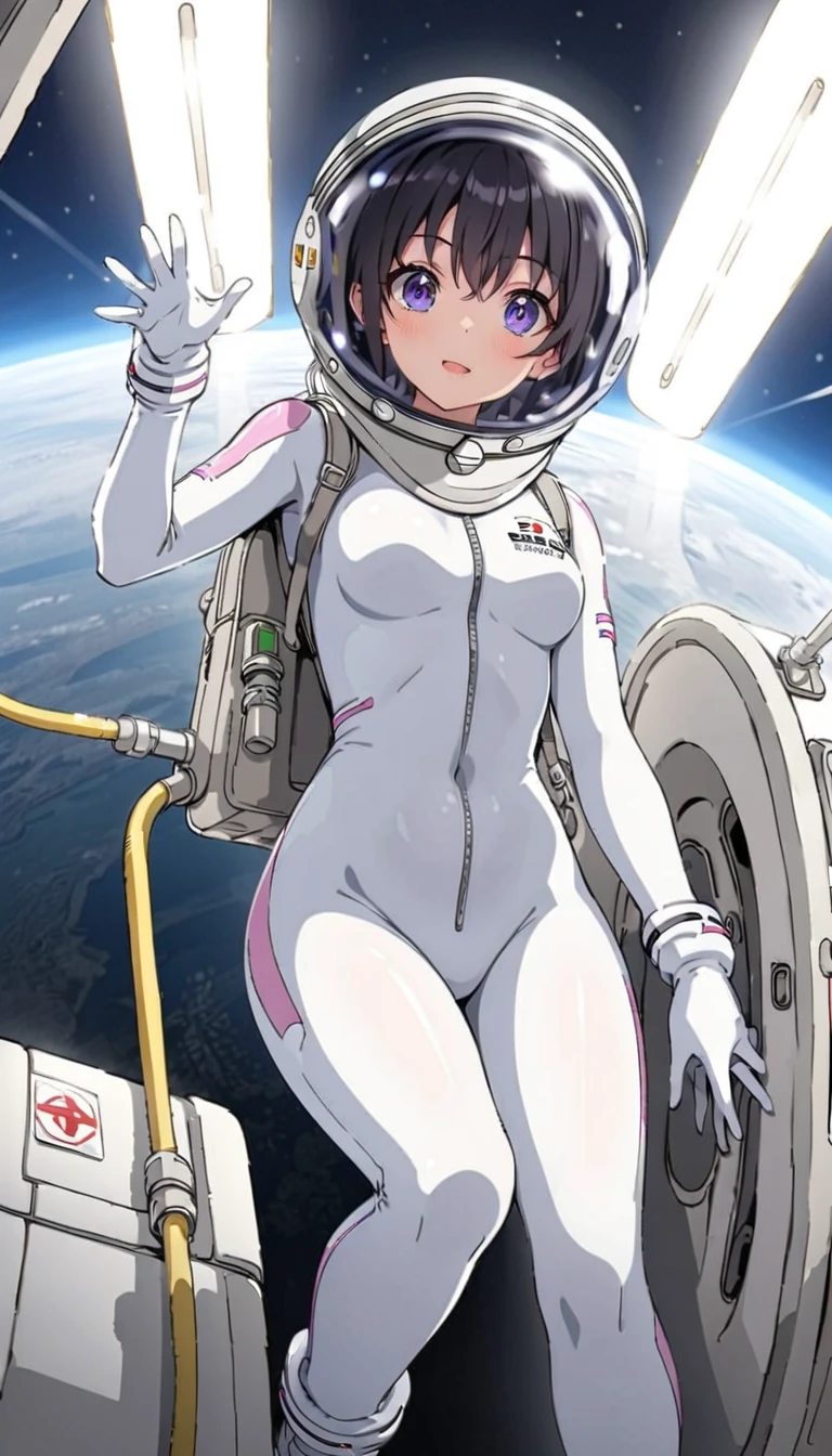 (spacesuit:1.15), white cargo pants, astronaut)bubble helmet, space helmet , fingering, , drooling, drooling, sweat, blushing, , looking at the audience, lying , indoors, in bed, bed, masterpiece, best quality, 1girl, solo, red eyes, tits, {{{messy hair:1.6}}}, bangs, spread legs, sitting, , short hair, theart sayings:1.2), (from below:1.5), smile,