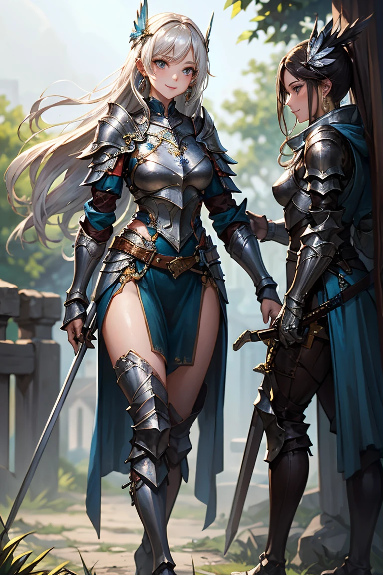 a close up of a woman in armor holding two sword , fire and ice swords, knight armor, knight helmet, sexy, nude , big fantasyoman, detailed fantasy art, gorgeous female paladin, portrait knight female, portrait of female , picture of female beautiful female knight, epic fantasy art style, female , of a beautiful female knight, epic exquisite character art, stunning character art, fantasy concept art portrait