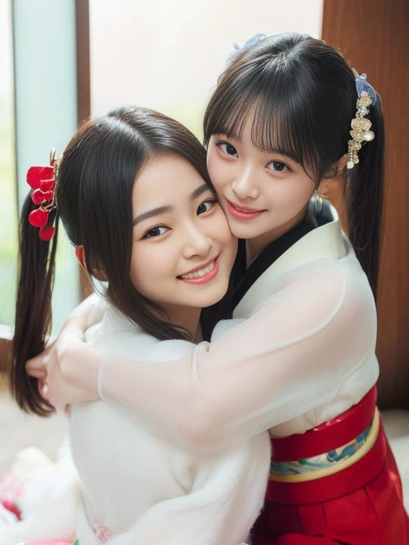 two women in white dresses are posing for a picture, White Hanfu, Hanfu, with acient chinese clothes, ruanjia、Zhong Fenghua, Wearing ancient Chinese clothes, Xianxia, Traditional Chinese clothing, zmonzheng, shaxi, ruanjia, Chinese style, 8K)), very very low quality picture