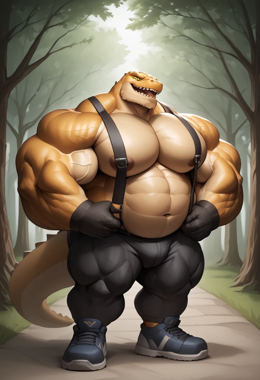 Solo, male, (alligator), standing, alleyway, plants, golden hour, smirking, rape face, (((muscular, buff, strong, giant, biceps, enormous, massive, gigantic, powerful))), overweight, musclegut, chubby, boxer briefs, big bulge, by bebebebebe, open mouth