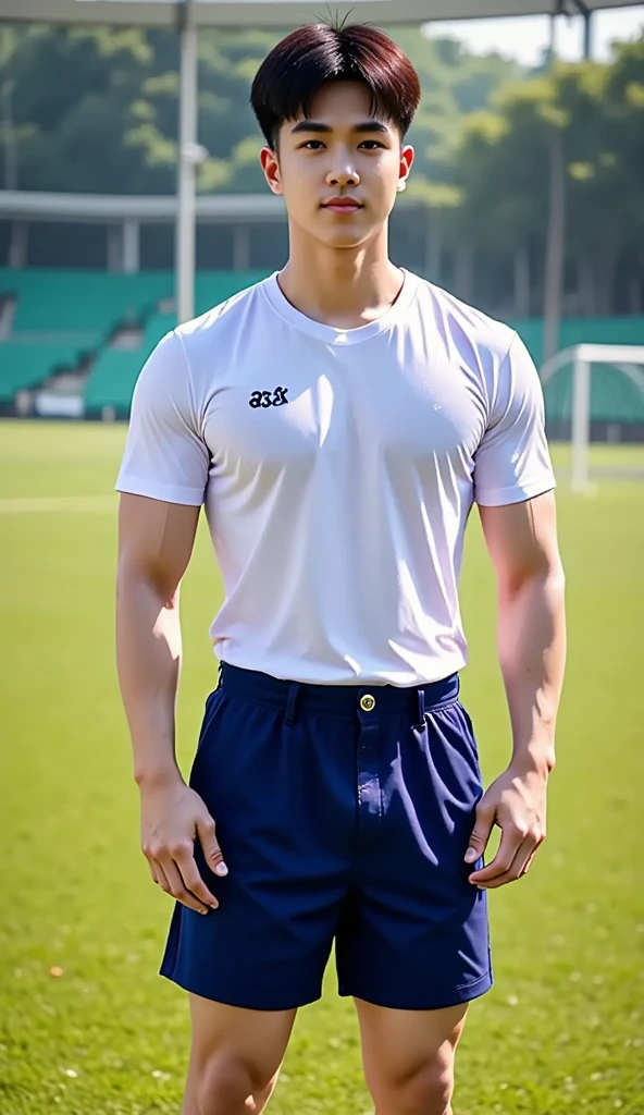 Handsome white Korean man wearing a soccer uniform and white shorts. A white, thin, translucent sleeveless shirt that is sexy and close to the skin. standing in the middle of the grass Wearing soccer shoes, soccer ball, underwear visible, clear, realistic, HD, full body image