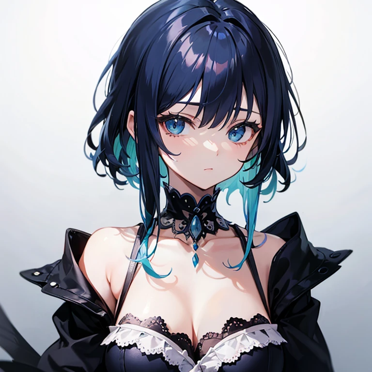 topaz_(honkai_star_rail), multicolored_hair, streaked_hair, gloves, blue_eyes, breasts, red_hair, short_hair, cleavage, black_gloves, bare_shoulders, grey_hair, multiple_girls, hand_on_own_chin, detached_sleeves, hair_ornament, thinking, hair_between_eyes, two-tone_hair, 1girl, closed_mouth, bangs, medium_breasts, clothing_cutout