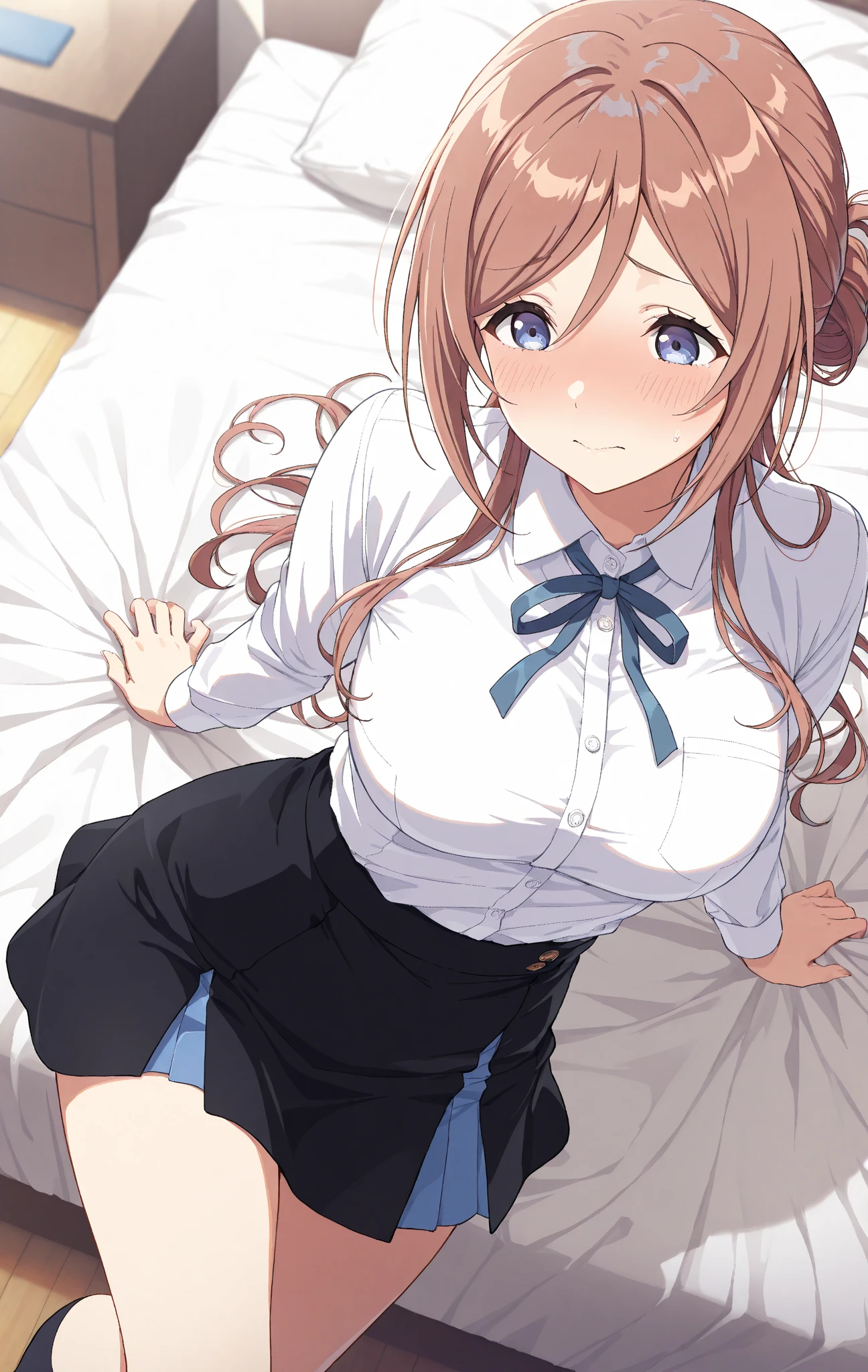 (masterpiece, highest quality), 1 girl, (ALGL:1), (ALGLZion, Zion:1), (Zion hair:1), (Zion eyes:1), chest, medium chest, large chest, looking at the viewer, All limbs, full finger, Woman in white collared shirt, bare breasts, A woman wearing a blue and black plaid miniskirt, skirt lift, woman wearing a blue tie nsfw, nsfw, embarrassed, lying, cum in pussy, bed, sweat