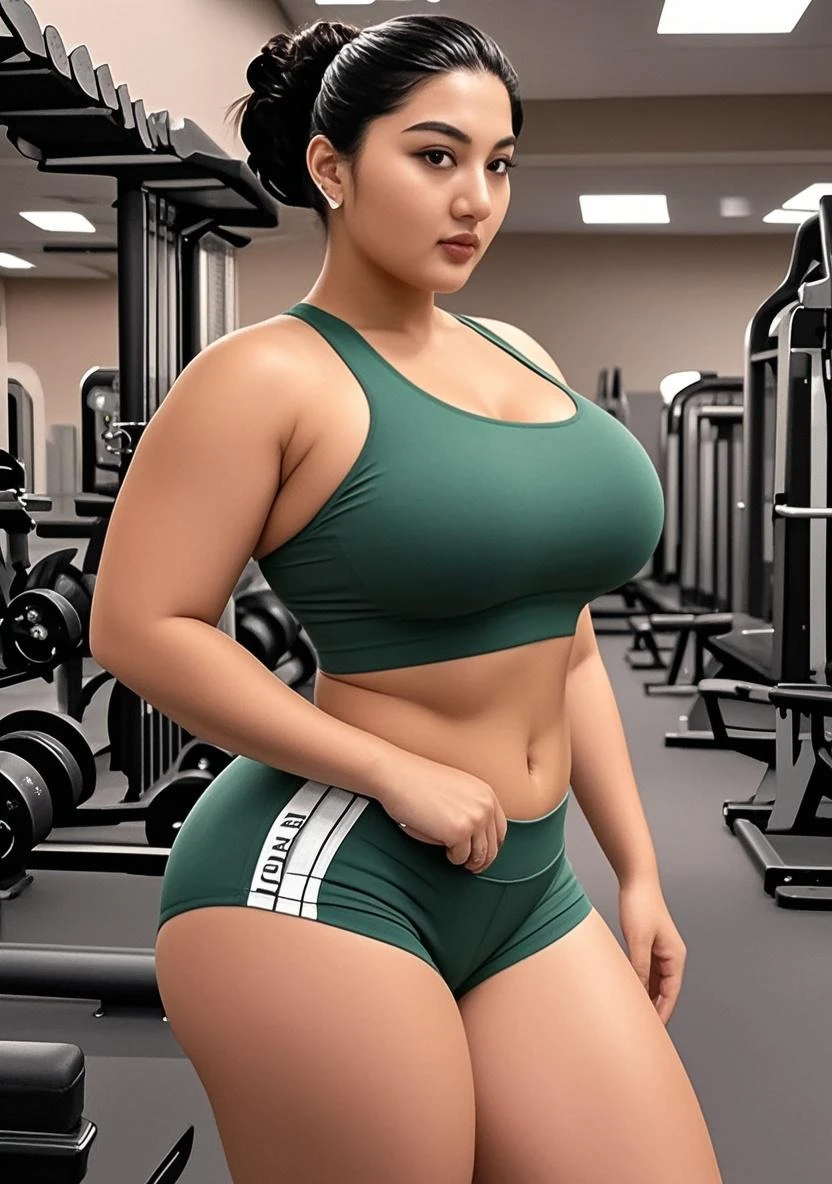 Make it real, realistic, savita bhabhi, gym wear, deep navel, curvy body, sexy cleavage, green top, brown short pant