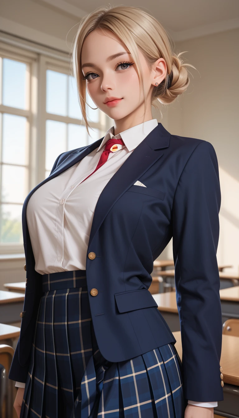 majicMIX Real, (Raw Photos: 1.2), (Photorealistic: 1.4), Big, Short Hair, Blonde, Beautiful Detailed Eyes, Show Off Panties, Huge File Size, Super Detailed, High Resolution, Very Detailed, Top Quality, Masterpiece, Illustrations, Very Detailed, CG, Unification, 8k Wallpaper, Movie Lighting, 18 Years Old Girl 1, Cute schoolgirl wearing Japan girls' high school uniform, sexy pose, smiling, pleated skirt, lighting from below, panty shot, spreading legs, blazer, white y shirt, sitting