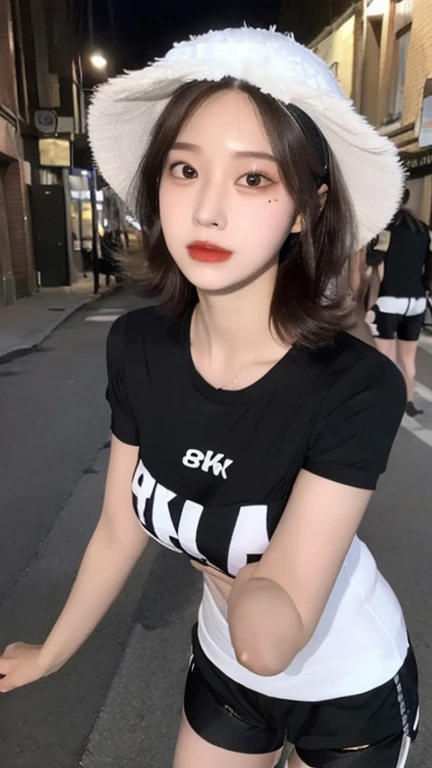 ((Midnight, Best quality, 8k, Masterpiece :1.3)), Whole body, Long legs, Sharp focus :1.2, A pretty woman with perfect figure :1.4, Slender abs :1.1, ((Dark brown hair, Big breasts :1.2)), (White tight tshirt, Jean bib, Standing:1.2), ((Night city view, Rooftop:1.3)), Highly detailed face and skin texture, Detailed eyes, Double eyelid, ballgag
