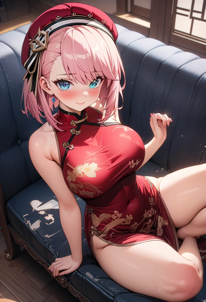 (Masterpiece, BestQuality:1.3), (ultra detailed:1.2), (hyperrealistic:1.3), (RAW photo:1.2), High detail RAW color photo, professional photograph, (Photorealistic:1.4), (realistic:1.4), (Pink Hair:1.5), professional lighting, perfect anatomy, (Big Breasts:1.2), (blush, detailed face), (A happy smile:1.7), sexly, erotic sexly, Random sexy gravure poses, (Beautiful cosplayer wearing a red Chinese dress、With a graceful smile in the Chinese garden、Posing with a fan open。Flower hair ornament on head、On her feet she wears red pumps with lace.。:1.3)