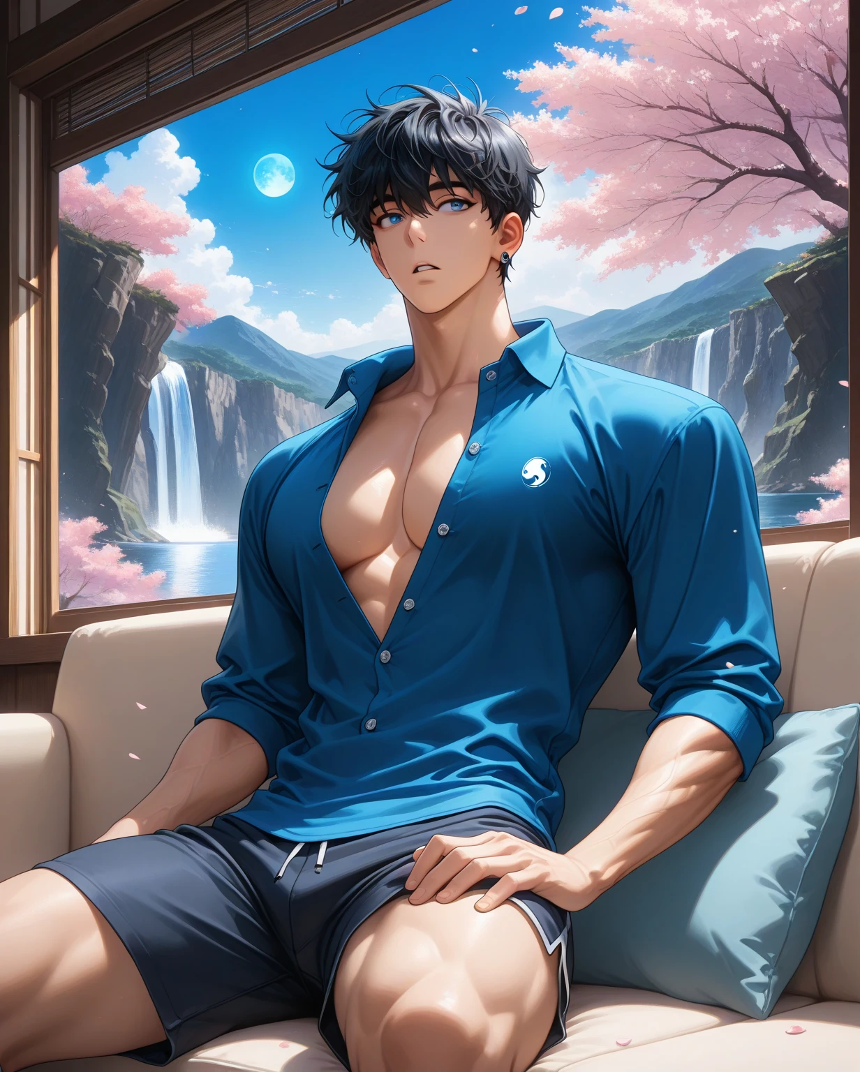 A handsome Japanese man in a simple blue jumpsuit is sitting on a park bench and looking at the camera、belly button