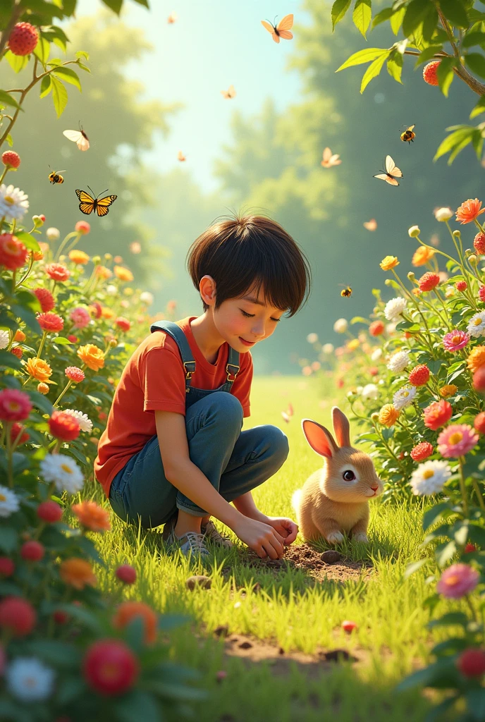 Tip: A very charming little boy with a backpack and her cute rabbit enjoying a lovely spring outing surrounded by beautiful yellow flowers and nature. The illustration is a high-definition illustration in 4k resolution, featuring highly detailed facial features and cartoon-style visuals.