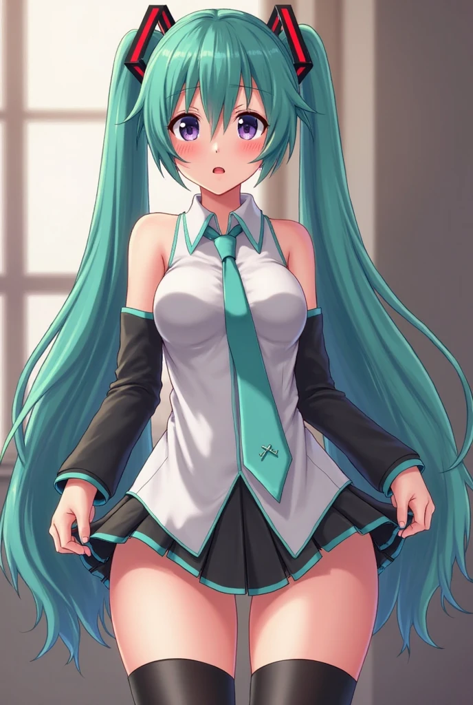 (quality)), ((masterpiece)), Recommended results、Puffy nipples、(see through:1.5)、straighten your back、abdominal muscles、huge bust、angle to floor:1.2、low camera angle、Hair loss on crotch、,Hatsune Miku