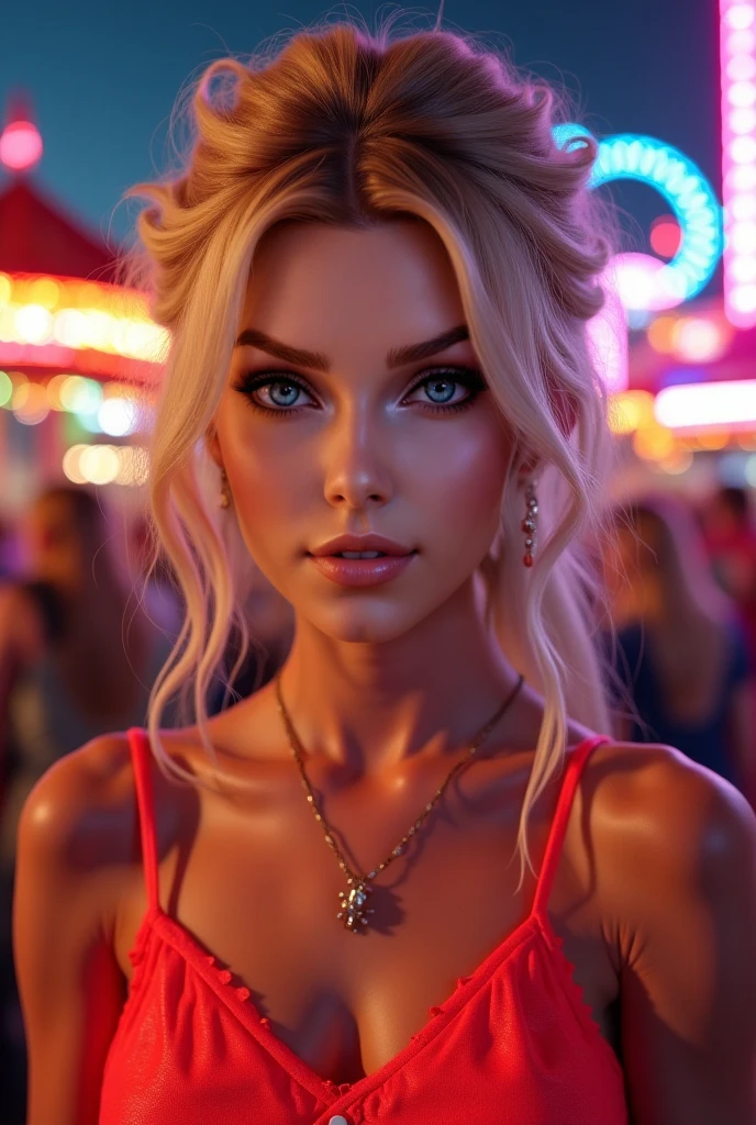 a cute woman (random fantasy race), 25 years old, giga busty, wearing a string bikini, dancing and flirting on stage under the spotlight, pale makeup, deep red lipstick, camera angle low looking up, fantasy magic strip club, hyper detailed, masterpiece, 8k, photorealistic, intricate details, volumetric lighting, dynamic pose, dramatic lighting, neon colors, moody atmosphere

